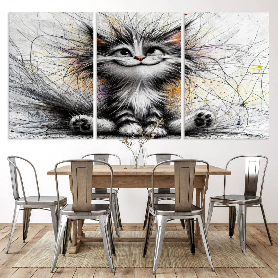 A vibrant Fanny Baby Cat Wall Art Canvas Print in a comic Pixar style features a fluffy, smiling cat with swirling fur. This masterpiece showcases professional craftsmanship on museum-quality canvas, bringing every detail to life.