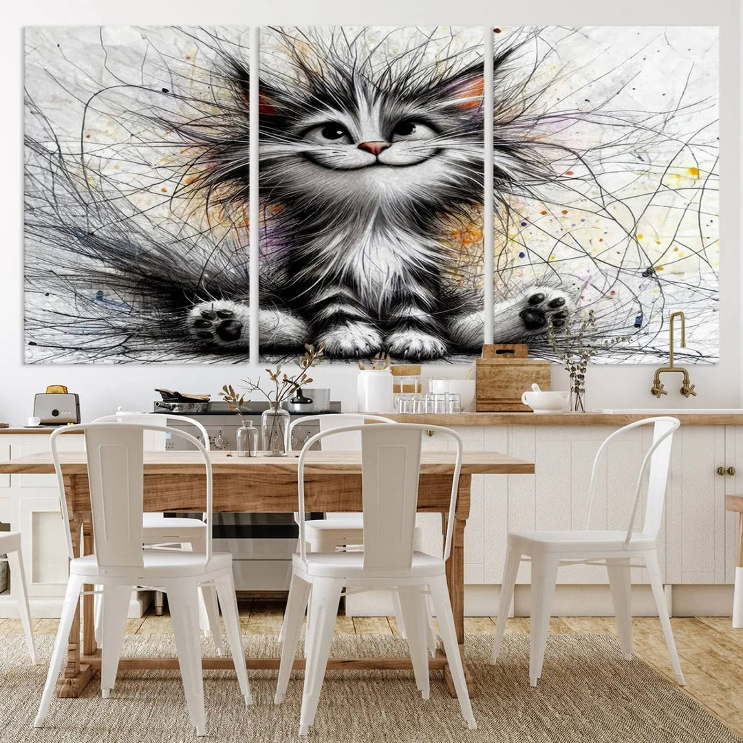 A vibrant Fanny Baby Cat Wall Art Canvas Print in a comic Pixar style features a fluffy, smiling cat with swirling fur. This masterpiece showcases professional craftsmanship on museum-quality canvas, bringing every detail to life.