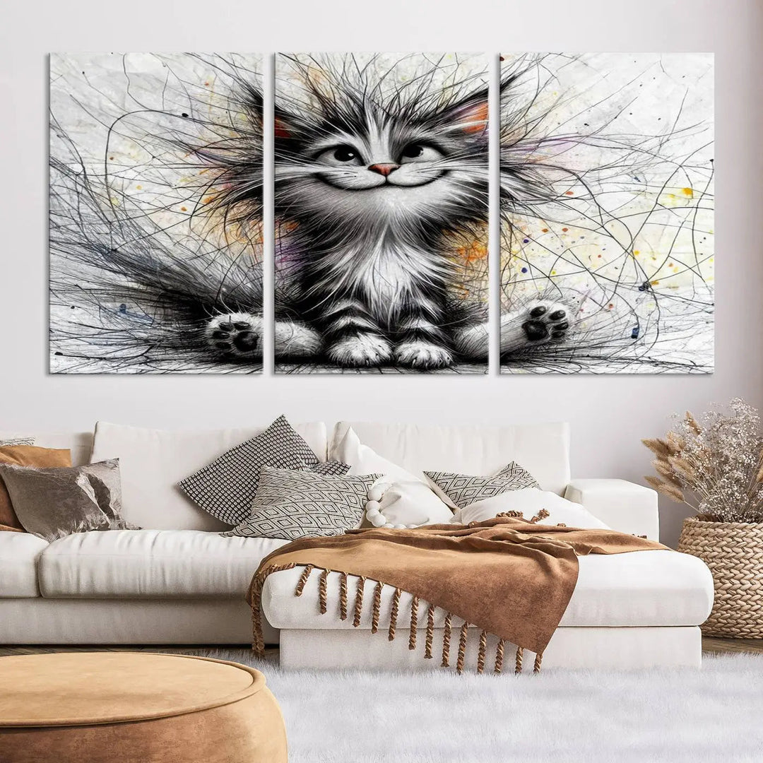 A vibrant Fanny Baby Cat Wall Art Canvas Print in a comic Pixar style features a fluffy, smiling cat with swirling fur. This masterpiece showcases professional craftsmanship on museum-quality canvas, bringing every detail to life.