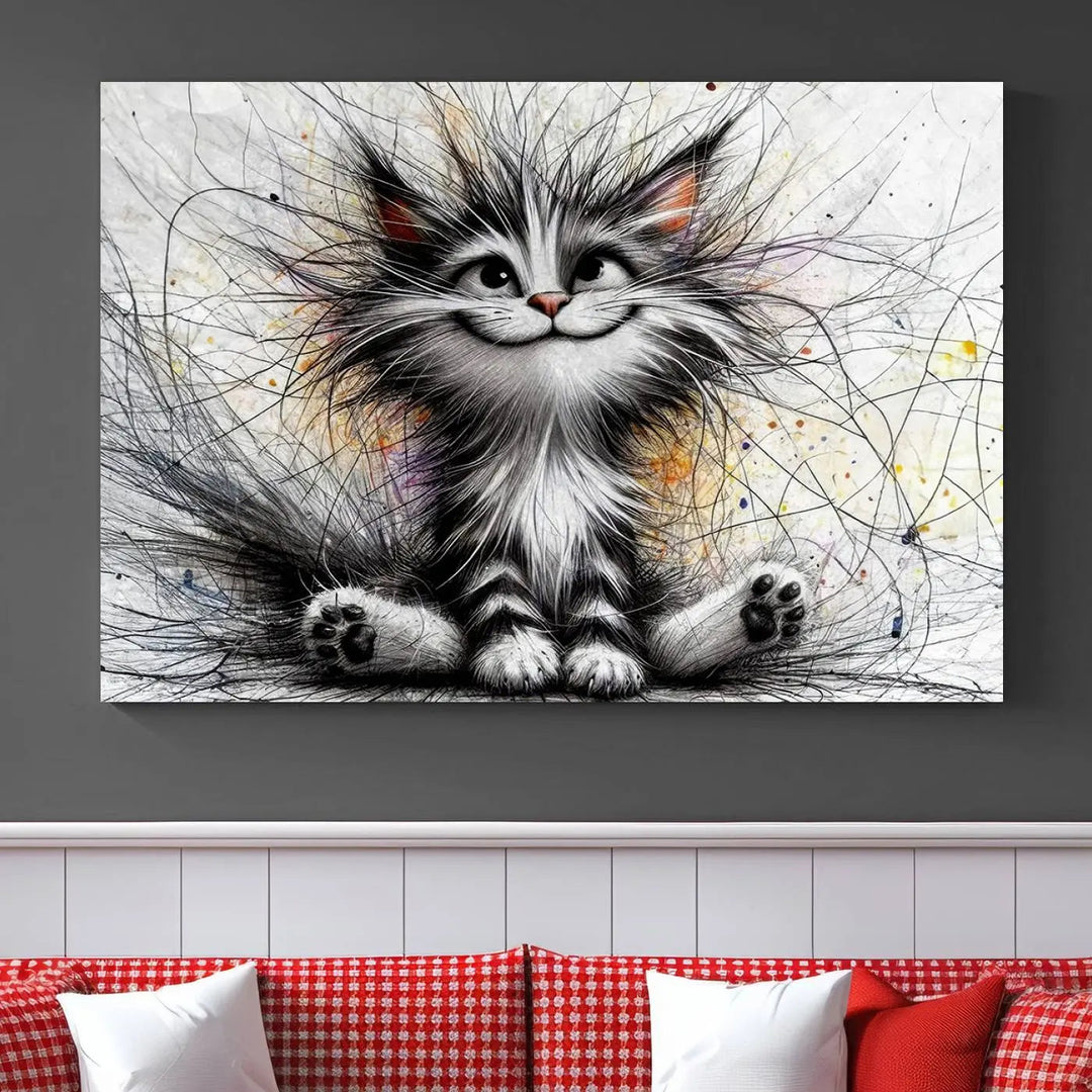 A vibrant Fanny Baby Cat Wall Art Canvas Print in a comic Pixar style features a fluffy, smiling cat with swirling fur. This masterpiece showcases professional craftsmanship on museum-quality canvas, bringing every detail to life.