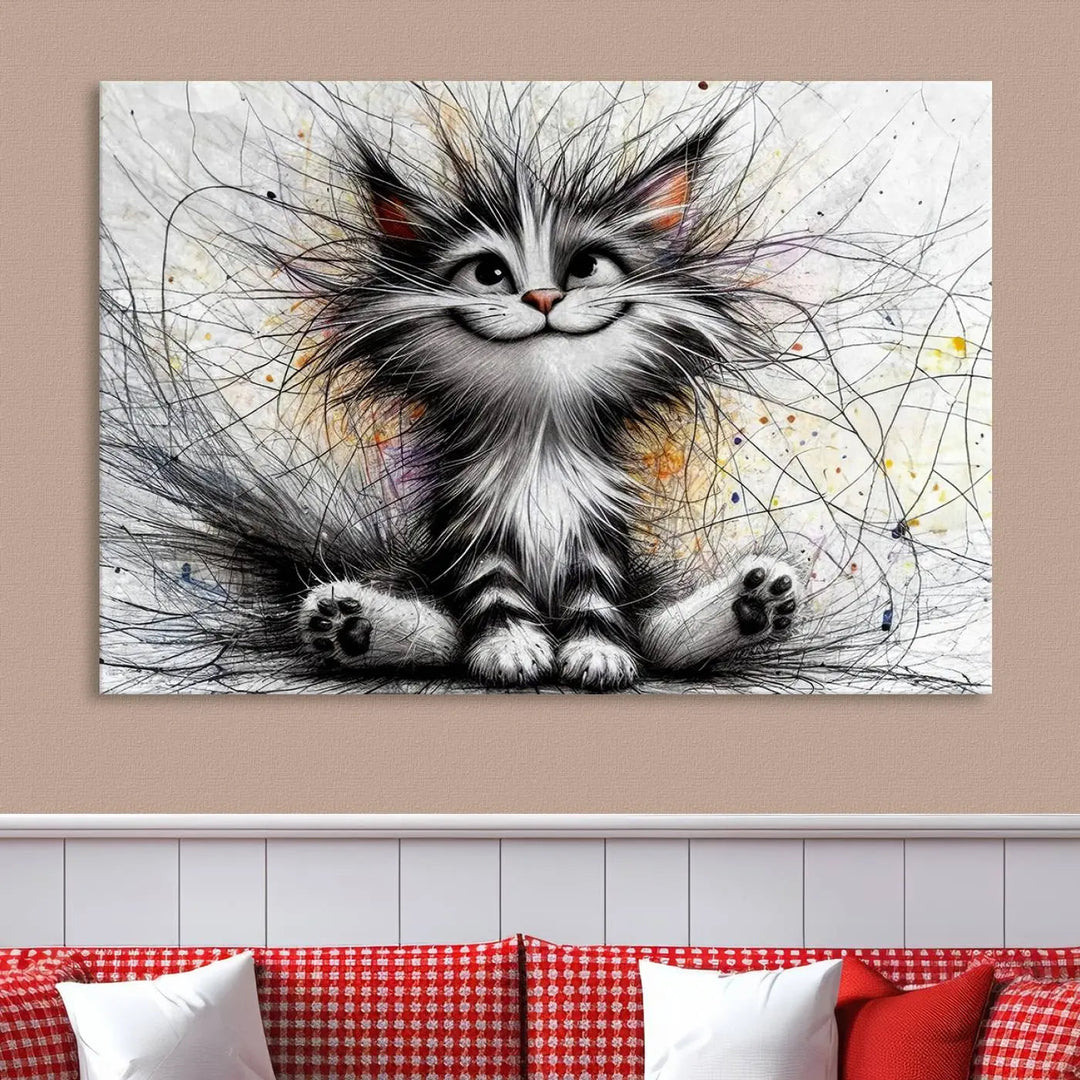 A vibrant Fanny Baby Cat Wall Art Canvas Print in a comic Pixar style features a fluffy, smiling cat with swirling fur. This masterpiece showcases professional craftsmanship on museum-quality canvas, bringing every detail to life.