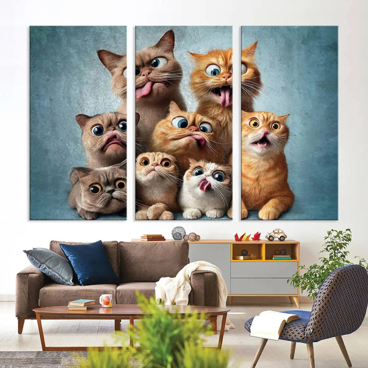 The Fanny Cats Wall Art Canvas Print, featuring nine cartoon cats pulling playful faces in Pixar style, is a whimsical addition to the room. This comic cat print offers vibrant detail on museum-quality canvas thanks to high-resolution printing, expertly crafted by professional craftsmen.