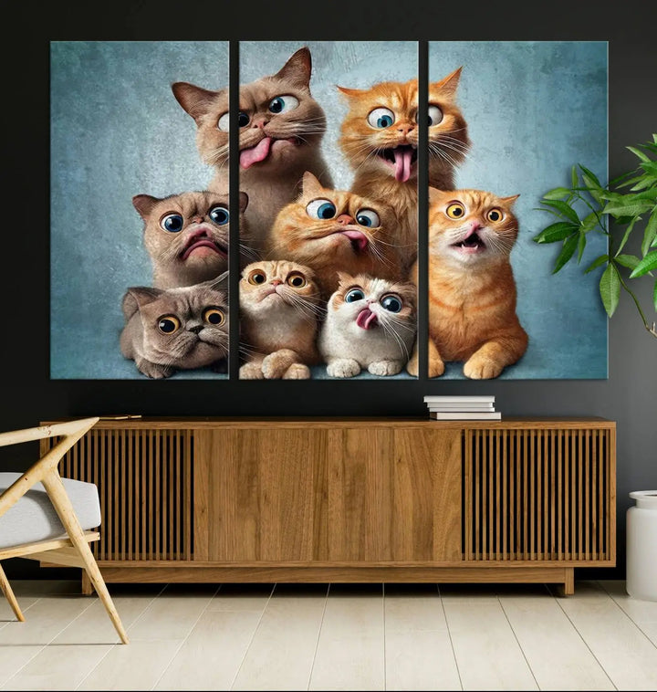 The Fanny Cats Wall Art Canvas Print, featuring nine cartoon cats pulling playful faces in Pixar style, is a whimsical addition to the room. This comic cat print offers vibrant detail on museum-quality canvas thanks to high-resolution printing, expertly crafted by professional craftsmen.