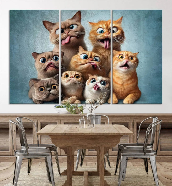 The Fanny Cats Wall Art Canvas Print, featuring nine cartoon cats pulling playful faces in Pixar style, is a whimsical addition to the room. This comic cat print offers vibrant detail on museum-quality canvas thanks to high-resolution printing, expertly crafted by professional craftsmen.