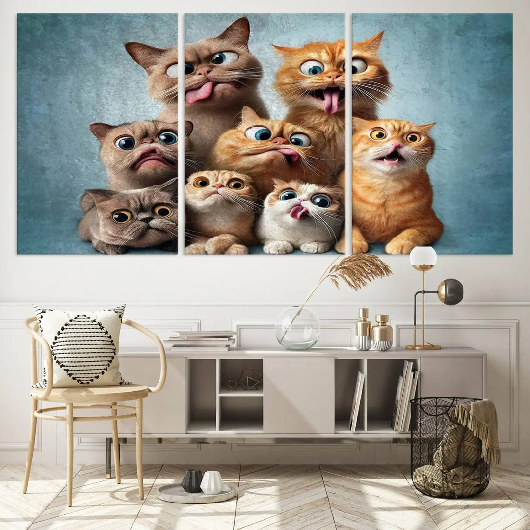 The Fanny Cats Wall Art Canvas Print, featuring nine cartoon cats pulling playful faces in Pixar style, is a whimsical addition to the room. This comic cat print offers vibrant detail on museum-quality canvas thanks to high-resolution printing, expertly crafted by professional craftsmen.