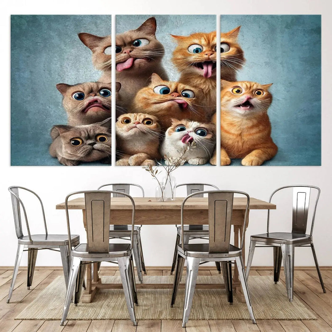 The Fanny Cats Wall Art Canvas Print, featuring nine cartoon cats pulling playful faces in Pixar style, is a whimsical addition to the room. This comic cat print offers vibrant detail on museum-quality canvas thanks to high-resolution printing, expertly crafted by professional craftsmen.