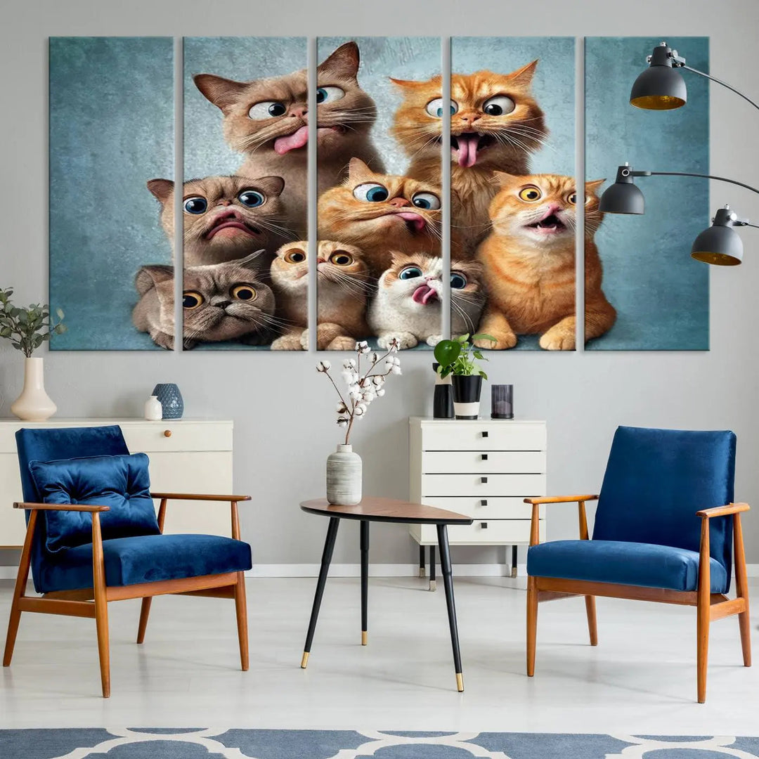 The Fanny Cats Wall Art Canvas Print, featuring nine cartoon cats pulling playful faces in Pixar style, is a whimsical addition to the room. This comic cat print offers vibrant detail on museum-quality canvas thanks to high-resolution printing, expertly crafted by professional craftsmen.