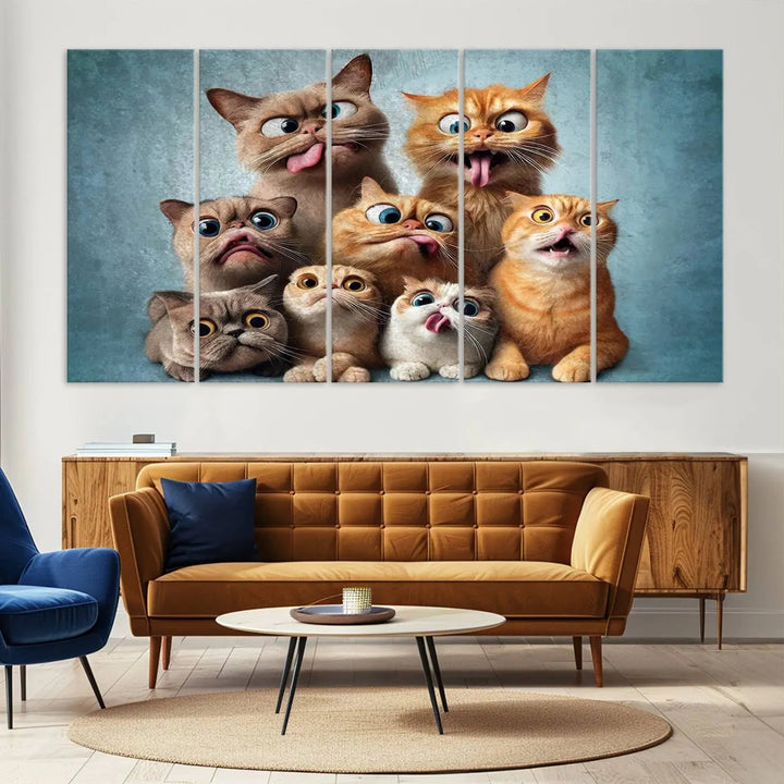 The Fanny Cats Wall Art Canvas Print, featuring nine cartoon cats pulling playful faces in Pixar style, is a whimsical addition to the room. This comic cat print offers vibrant detail on museum-quality canvas thanks to high-resolution printing, expertly crafted by professional craftsmen.