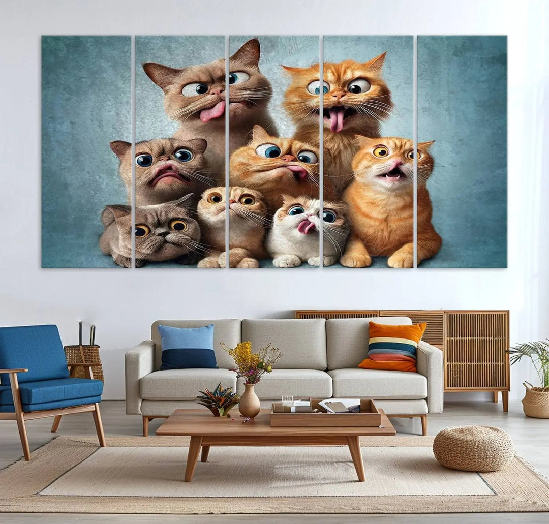 The Fanny Cats Wall Art Canvas Print, featuring nine cartoon cats pulling playful faces in Pixar style, is a whimsical addition to the room. This comic cat print offers vibrant detail on museum-quality canvas thanks to high-resolution printing, expertly crafted by professional craftsmen.