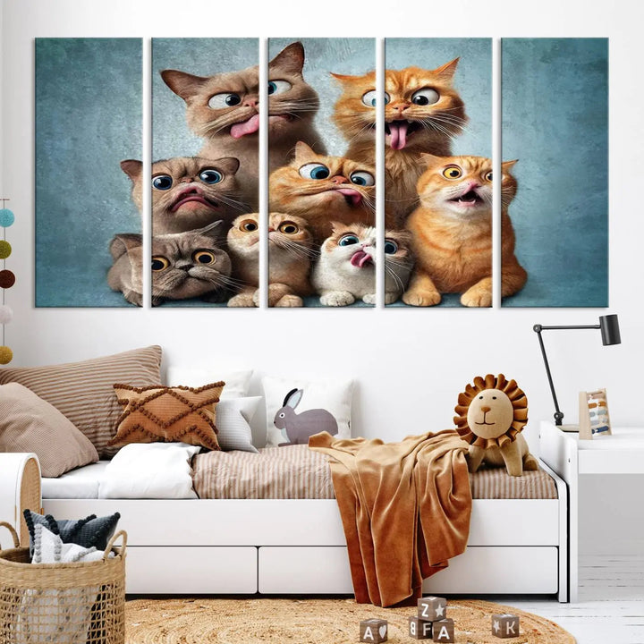 The Fanny Cats Wall Art Canvas Print, featuring nine cartoon cats pulling playful faces in Pixar style, is a whimsical addition to the room. This comic cat print offers vibrant detail on museum-quality canvas thanks to high-resolution printing, expertly crafted by professional craftsmen.