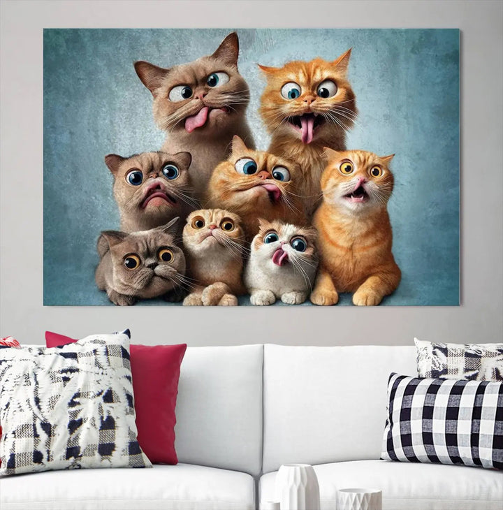 The Fanny Cats Wall Art Canvas Print, featuring nine cartoon cats pulling playful faces in Pixar style, is a whimsical addition to the room. This comic cat print offers vibrant detail on museum-quality canvas thanks to high-resolution printing, expertly crafted by professional craftsmen.