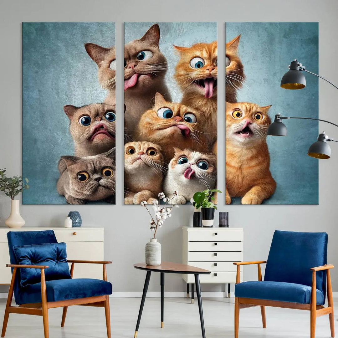 The Fanny Cats Wall Art Canvas Print, featuring nine cartoon cats pulling playful faces in Pixar style, is a whimsical addition to the room. This comic cat print offers vibrant detail on museum-quality canvas thanks to high-resolution printing, expertly crafted by professional craftsmen.