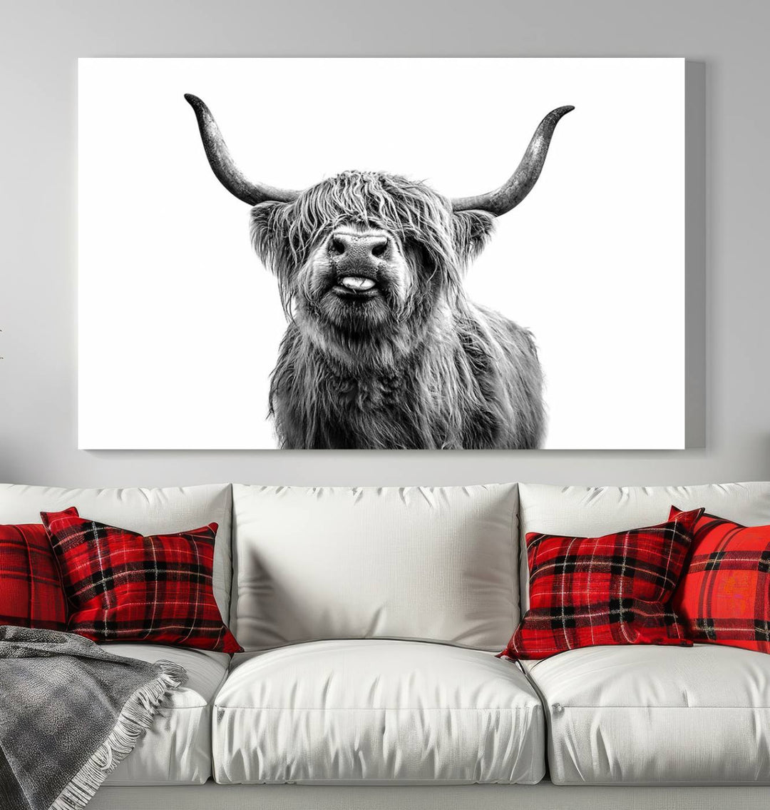 The living room features the Fanny Scottish Highland Cow Cattle Art Print Farmhouse Wall Art Canvas Print, a three-panel museum-quality artwork displayed against a dark wall.