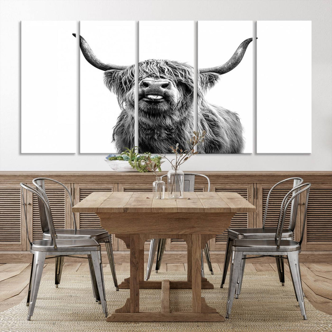 The living room features the Fanny Scottish Highland Cow Cattle Art Print Farmhouse Wall Art Canvas Print, a three-panel museum-quality artwork displayed against a dark wall.