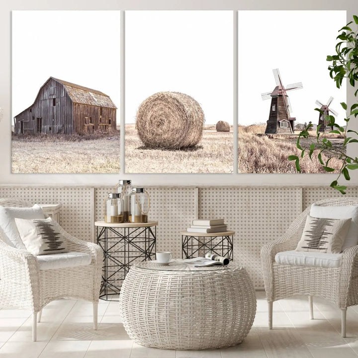 The Farm Prints Set features a trio of rustic barn, hay bale, and windmill images elegantly displayed above the sofa. This set of three farmhouse wall art pieces is printed on museum-quality canvas for an artful touch.