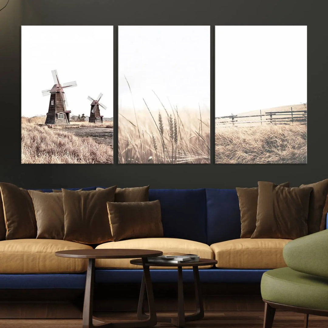 The Farm Prints Set, consisting of three farmhouse wall art pieces showcasing windmills and fields, is created with museum-quality canvas and high-resolution printing. This artwork reflects the expertise of a professional craftsman.