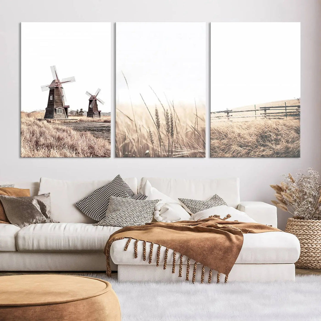 The Farm Prints Set, consisting of three farmhouse wall art pieces showcasing windmills and fields, is created with museum-quality canvas and high-resolution printing. This artwork reflects the expertise of a professional craftsman.