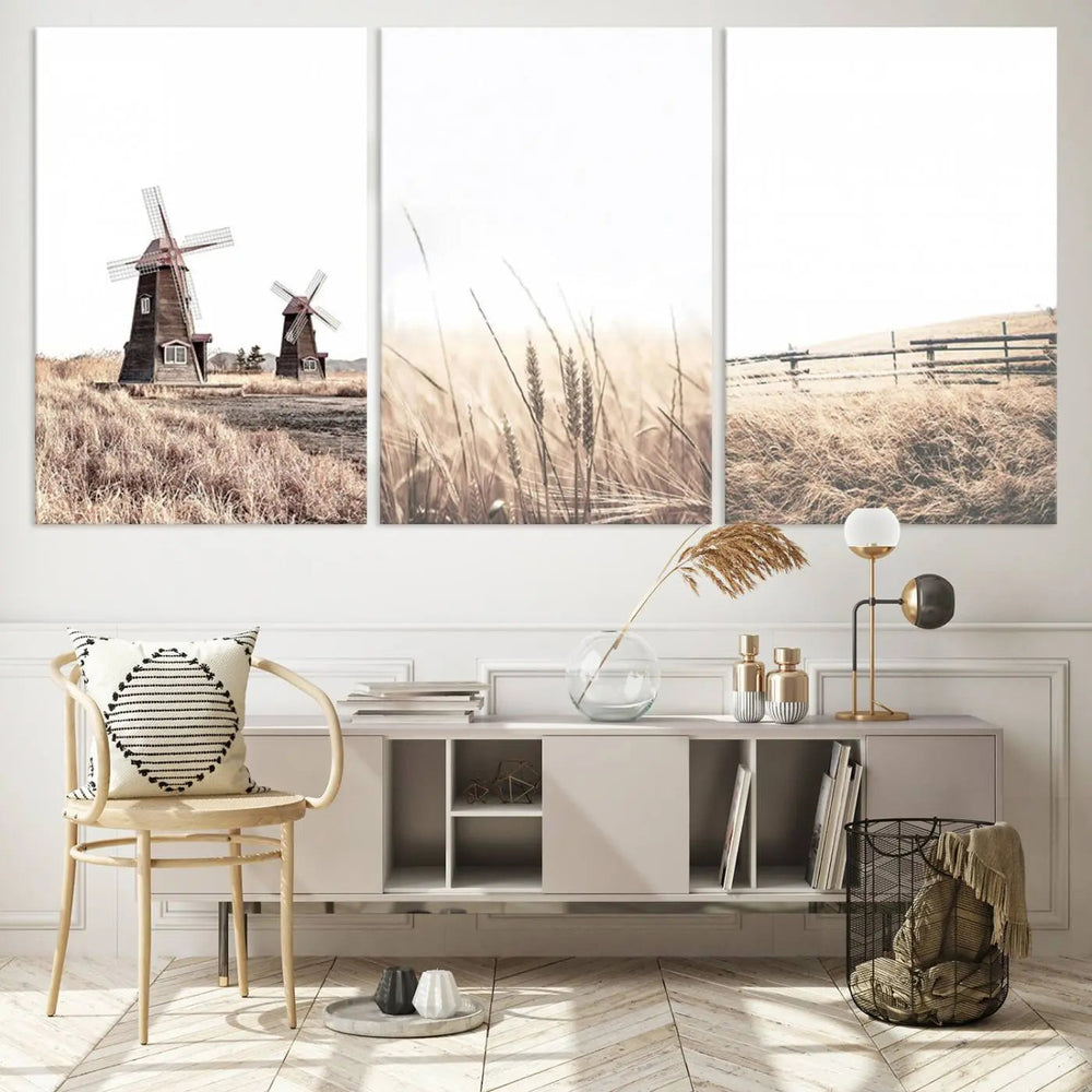 The Farm Prints Set, consisting of three farmhouse wall art pieces showcasing windmills and fields, is created with museum-quality canvas and high-resolution printing. This artwork reflects the expertise of a professional craftsman.