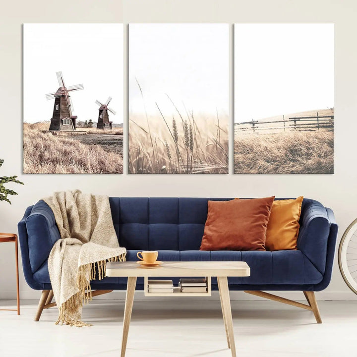 The Farm Prints Set, consisting of three farmhouse wall art pieces showcasing windmills and fields, is created with museum-quality canvas and high-resolution printing. This artwork reflects the expertise of a professional craftsman.