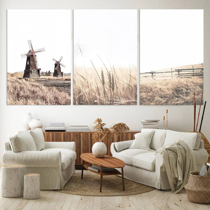 The Farm Prints Set, consisting of three farmhouse wall art pieces showcasing windmills and fields, is created with museum-quality canvas and high-resolution printing. This artwork reflects the expertise of a professional craftsman.