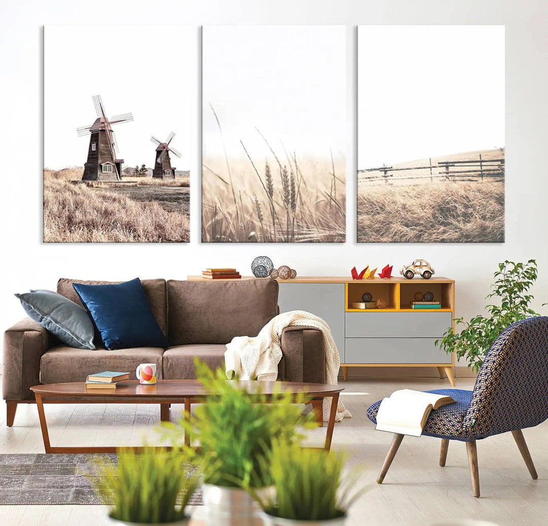 The Farm Prints Set, consisting of three farmhouse wall art pieces showcasing windmills and fields, is created with museum-quality canvas and high-resolution printing. This artwork reflects the expertise of a professional craftsman.