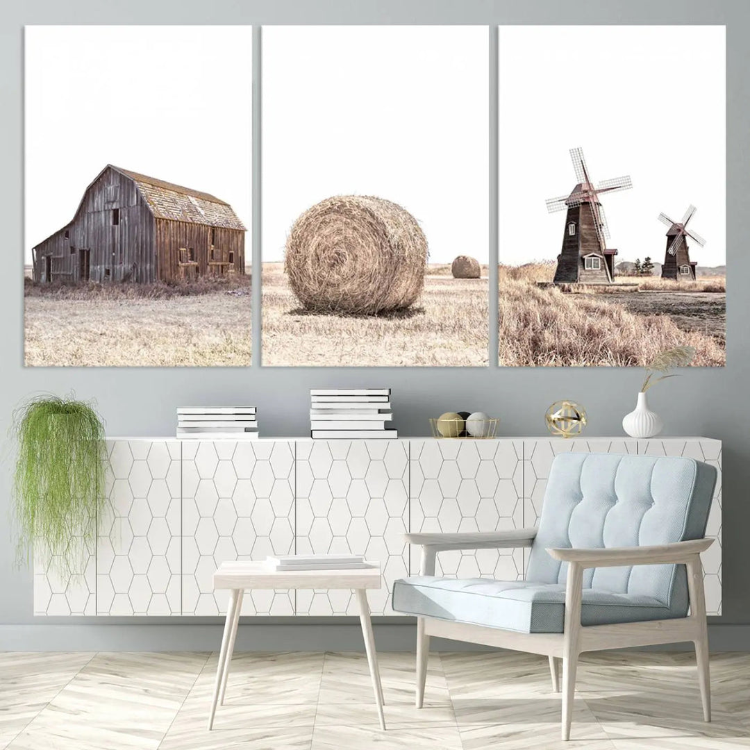 The Farm Prints Set features a trio of rustic barn, hay bale, and windmill images elegantly displayed above the sofa. This set of three farmhouse wall art pieces is printed on museum-quality canvas for an artful touch.