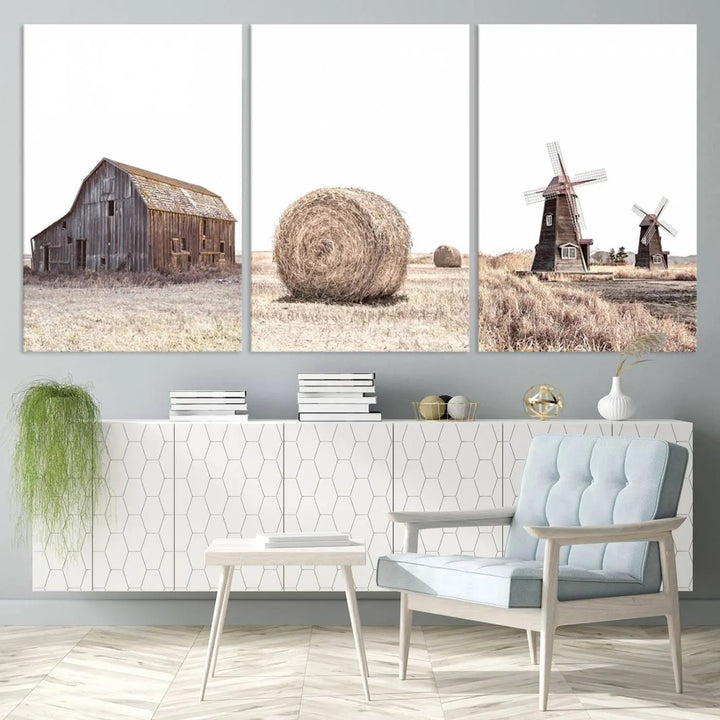 The Farm Prints Set features a trio of rustic barn, hay bale, and windmill images elegantly displayed above the sofa. This set of three farmhouse wall art pieces is printed on museum-quality canvas for an artful touch.