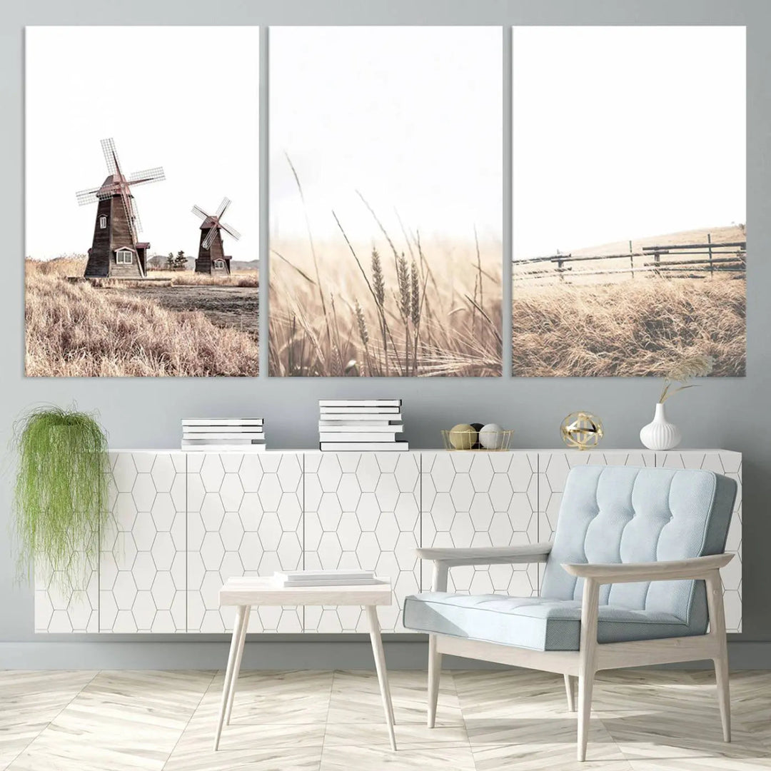 The Farm Prints Set, consisting of three farmhouse wall art pieces showcasing windmills and fields, is created with museum-quality canvas and high-resolution printing. This artwork reflects the expertise of a professional craftsman.