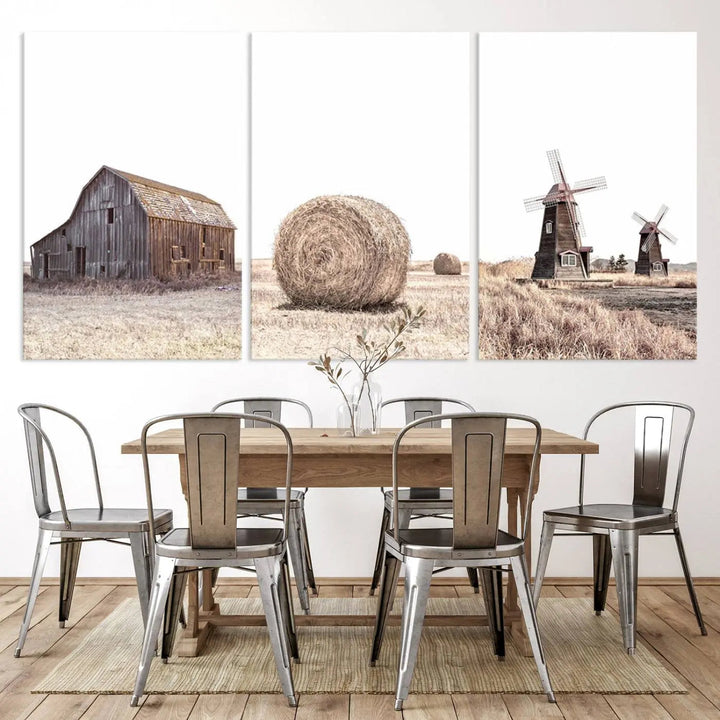 The Farm Prints Set features a trio of rustic barn, hay bale, and windmill images elegantly displayed above the sofa. This set of three farmhouse wall art pieces is printed on museum-quality canvas for an artful touch.