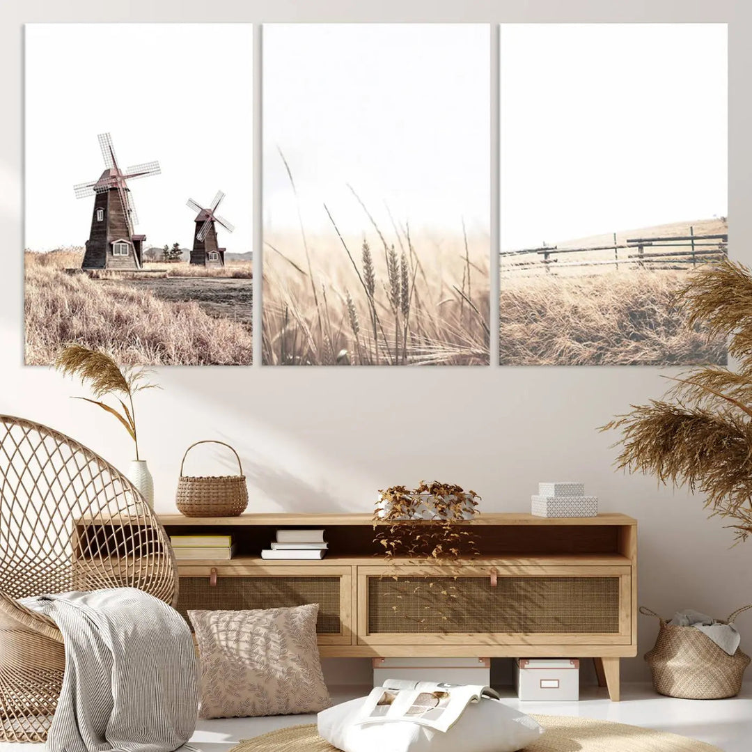 The Farm Prints Set, consisting of three farmhouse wall art pieces showcasing windmills and fields, is created with museum-quality canvas and high-resolution printing. This artwork reflects the expertise of a professional craftsman.