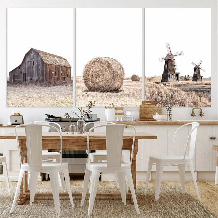 The Farm Prints Set features a trio of rustic barn, hay bale, and windmill images elegantly displayed above the sofa. This set of three farmhouse wall art pieces is printed on museum-quality canvas for an artful touch.