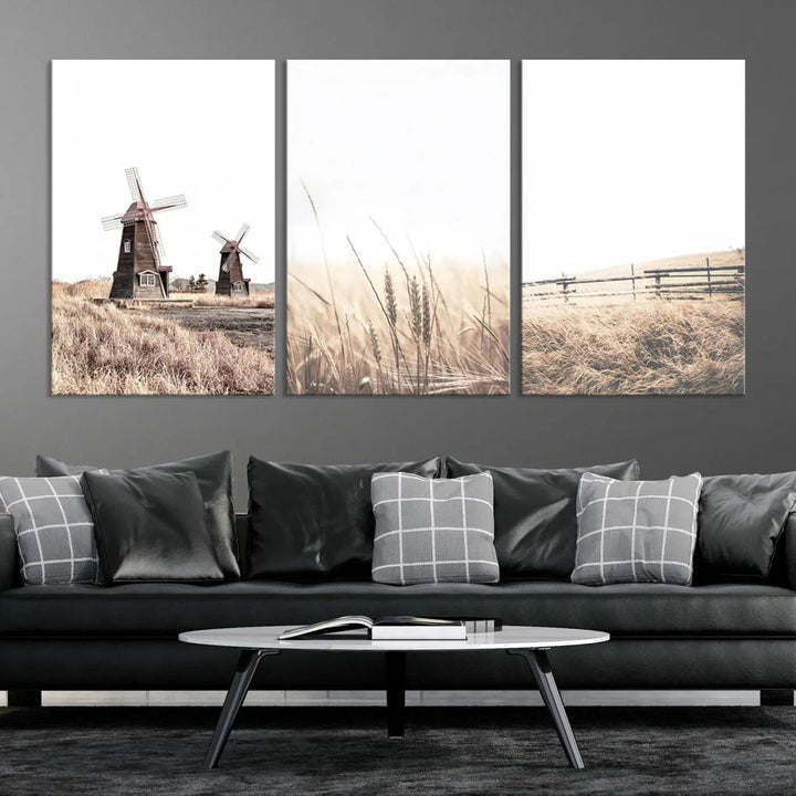 The Farm Prints Set, consisting of three farmhouse wall art pieces showcasing windmills and fields, is created with museum-quality canvas and high-resolution printing. This artwork reflects the expertise of a professional craftsman.