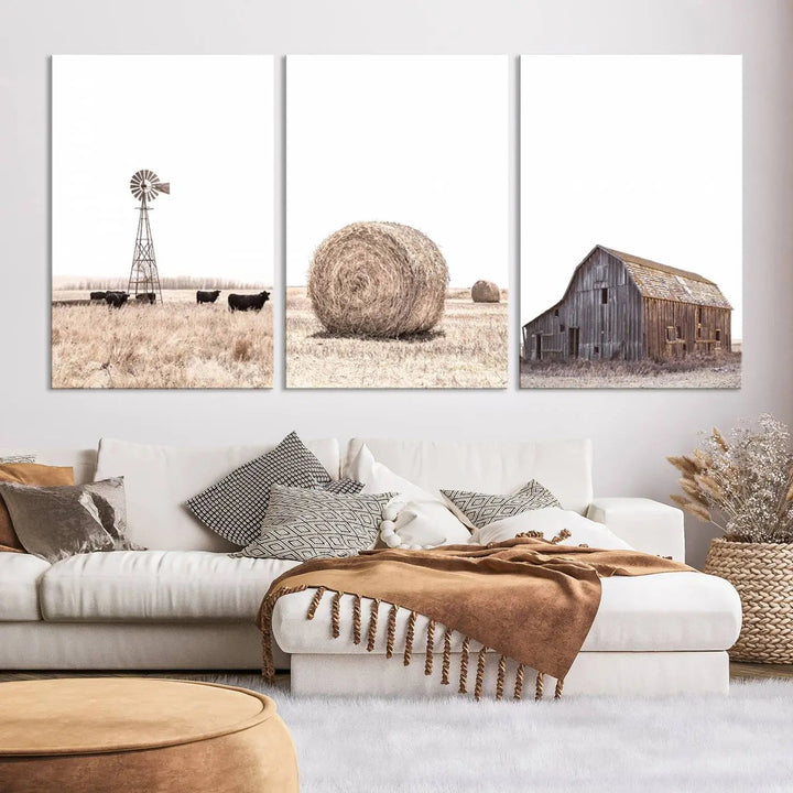 This Farm Prints Set—a collection of six pieces depicting charming rural scenes such as a windmill by cows, a hay bale in the field, and a weathered barn—is printed on museum-quality canvas. Each piece is hand-assembled to add an exquisite touch that enhances your living space with its country house decor charm.