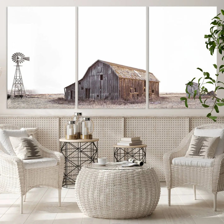 A set of six farmhouse wall art prints depicting a rustic barn, windmill, and shed in a foggy field beautifully adorns the space. This collection captures every detail on museum-quality canvas with professional craftsman precision.