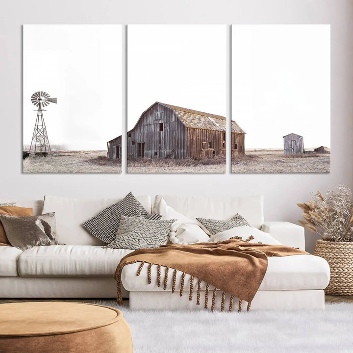 A set of six farmhouse wall art prints depicting a rustic barn, windmill, and shed in a foggy field beautifully adorns the space. This collection captures every detail on museum-quality canvas with professional craftsman precision.