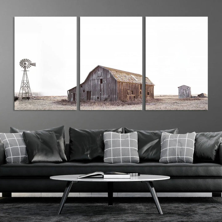 A set of six farmhouse wall art prints depicting a rustic barn, windmill, and shed in a foggy field beautifully adorns the space. This collection captures every detail on museum-quality canvas with professional craftsman precision.