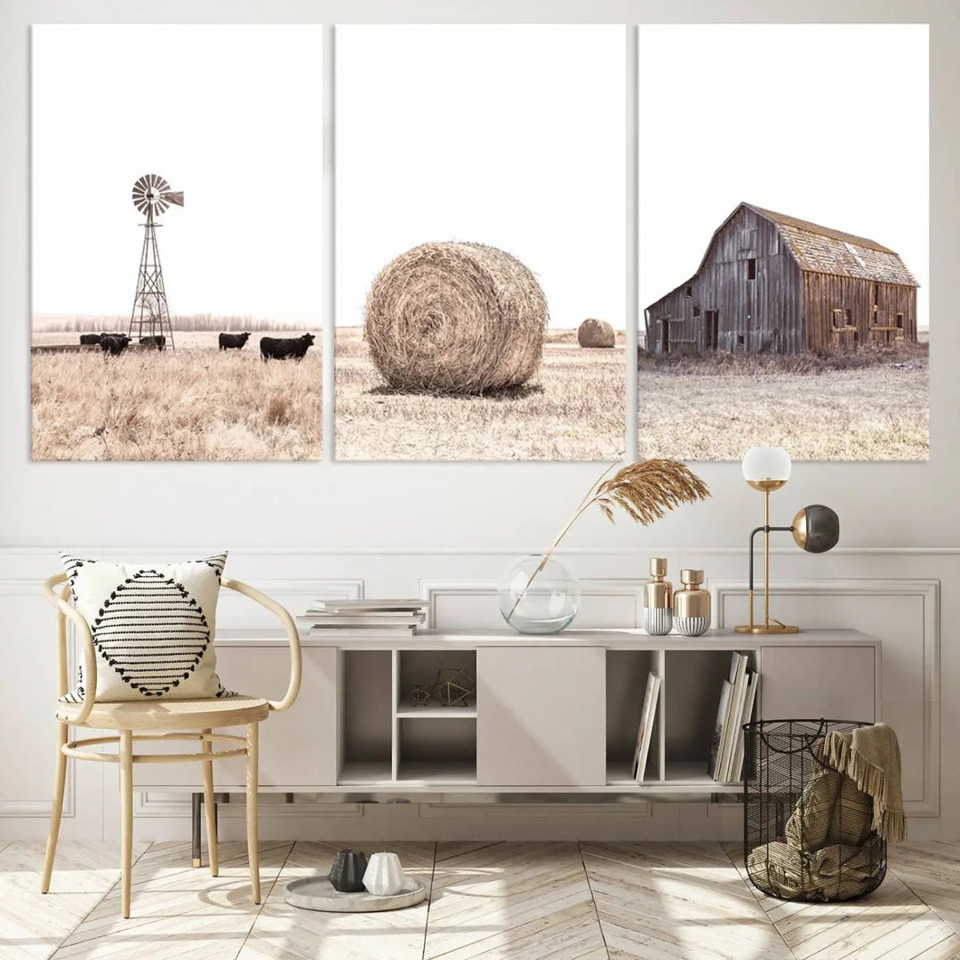 This Farm Prints Set—a collection of six pieces depicting charming rural scenes such as a windmill by cows, a hay bale in the field, and a weathered barn—is printed on museum-quality canvas. Each piece is hand-assembled to add an exquisite touch that enhances your living space with its country house decor charm.