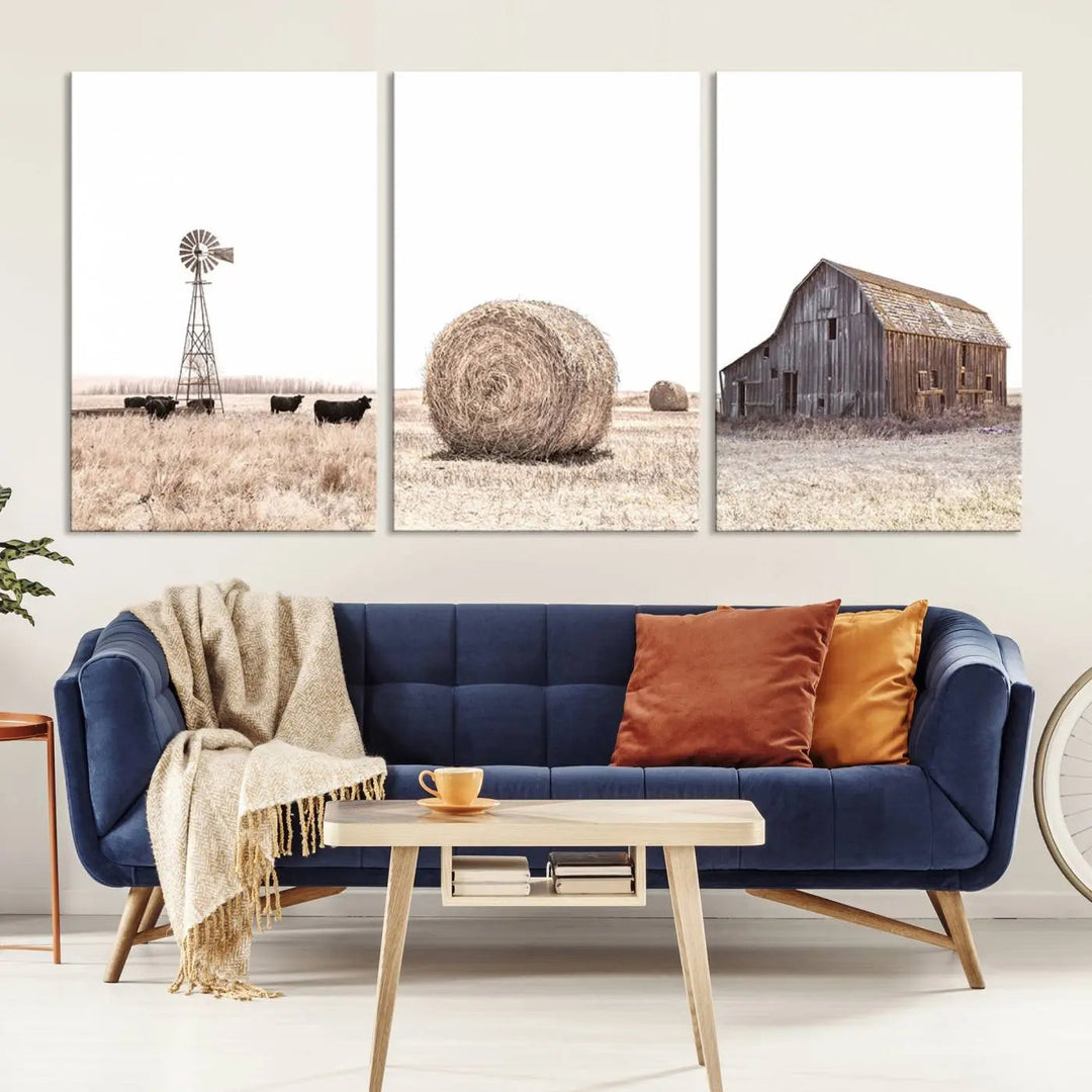 This Farm Prints Set—a collection of six pieces depicting charming rural scenes such as a windmill by cows, a hay bale in the field, and a weathered barn—is printed on museum-quality canvas. Each piece is hand-assembled to add an exquisite touch that enhances your living space with its country house decor charm.