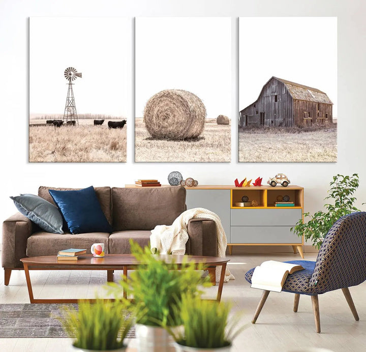 This Farm Prints Set—a collection of six pieces depicting charming rural scenes such as a windmill by cows, a hay bale in the field, and a weathered barn—is printed on museum-quality canvas. Each piece is hand-assembled to add an exquisite touch that enhances your living space with its country house decor charm.