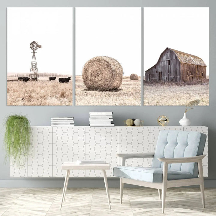 This Farm Prints Set—a collection of six pieces depicting charming rural scenes such as a windmill by cows, a hay bale in the field, and a weathered barn—is printed on museum-quality canvas. Each piece is hand-assembled to add an exquisite touch that enhances your living space with its country house decor charm.