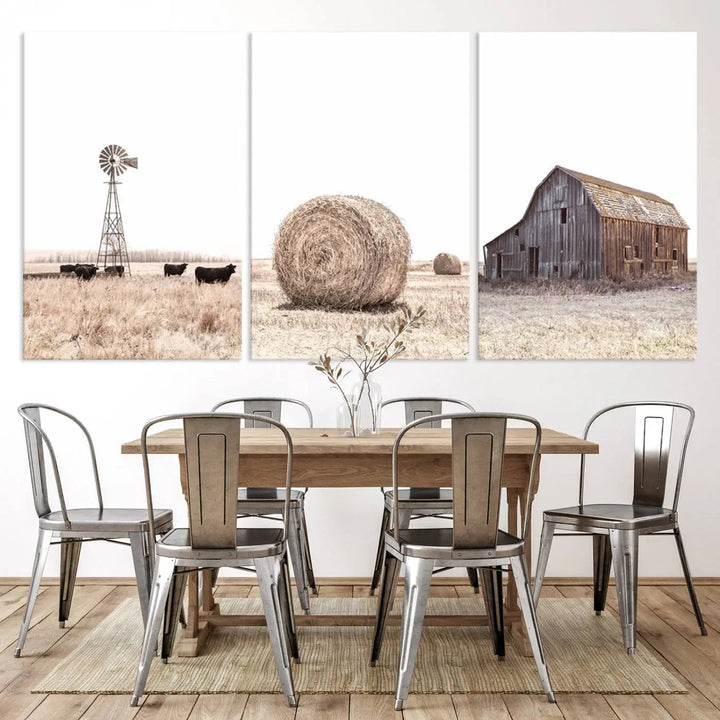 This Farm Prints Set—a collection of six pieces depicting charming rural scenes such as a windmill by cows, a hay bale in the field, and a weathered barn—is printed on museum-quality canvas. Each piece is hand-assembled to add an exquisite touch that enhances your living space with its country house decor charm.