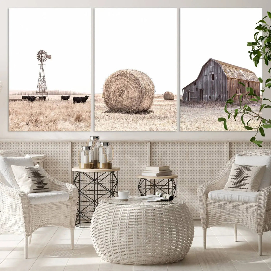 This Farm Prints Set—a collection of six pieces depicting charming rural scenes such as a windmill by cows, a hay bale in the field, and a weathered barn—is printed on museum-quality canvas. Each piece is hand-assembled to add an exquisite touch that enhances your living space with its country house decor charm.