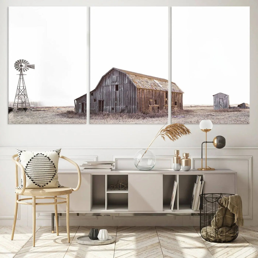 A set of six farmhouse wall art prints depicting a rustic barn, windmill, and shed in a foggy field beautifully adorns the space. This collection captures every detail on museum-quality canvas with professional craftsman precision.