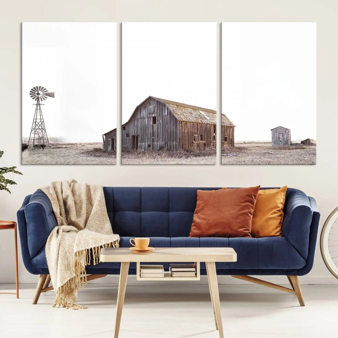 A set of six farmhouse wall art prints depicting a rustic barn, windmill, and shed in a foggy field beautifully adorns the space. This collection captures every detail on museum-quality canvas with professional craftsman precision.