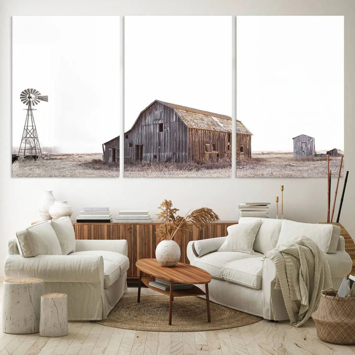 A set of six farmhouse wall art prints depicting a rustic barn, windmill, and shed in a foggy field beautifully adorns the space. This collection captures every detail on museum-quality canvas with professional craftsman precision.