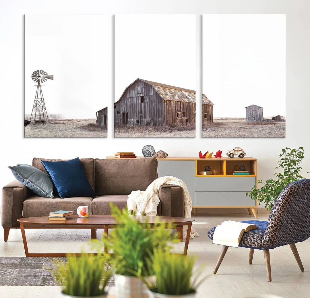 A set of six farmhouse wall art prints depicting a rustic barn, windmill, and shed in a foggy field beautifully adorns the space. This collection captures every detail on museum-quality canvas with professional craftsman precision.