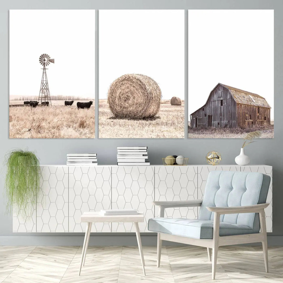 This Farm Prints Set—a collection of six pieces depicting charming rural scenes such as a windmill by cows, a hay bale in the field, and a weathered barn—is printed on museum-quality canvas. Each piece is hand-assembled to add an exquisite touch that enhances your living space with its country house decor charm.