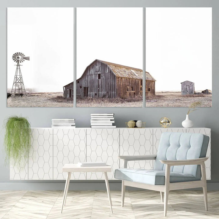 A set of six farmhouse wall art prints depicting a rustic barn, windmill, and shed in a foggy field beautifully adorns the space. This collection captures every detail on museum-quality canvas with professional craftsman precision.