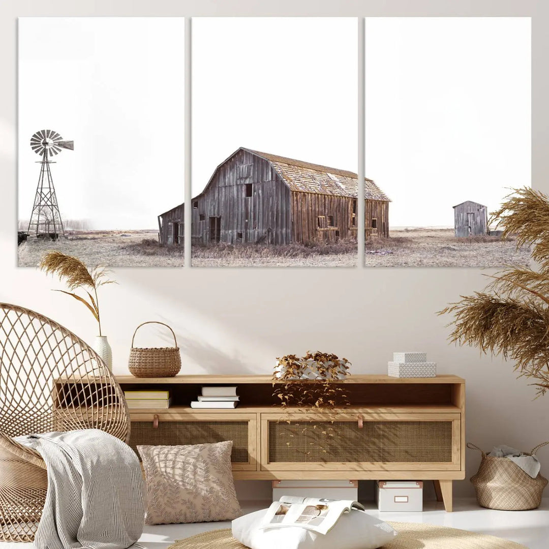 A set of six farmhouse wall art prints depicting a rustic barn, windmill, and shed in a foggy field beautifully adorns the space. This collection captures every detail on museum-quality canvas with professional craftsman precision.