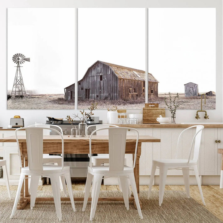 A set of six farmhouse wall art prints depicting a rustic barn, windmill, and shed in a foggy field beautifully adorns the space. This collection captures every detail on museum-quality canvas with professional craftsman precision.